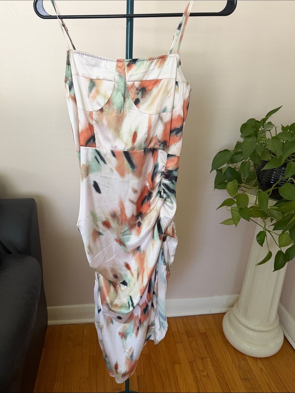Women’s White Tie-Dye Satin Midi Skirt with Ruched Side